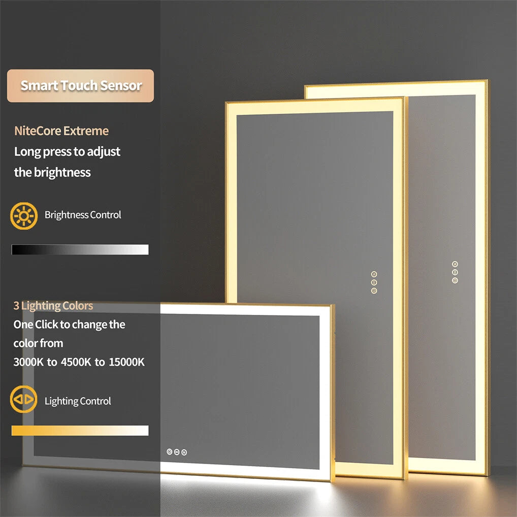 Large LED Bathroom Mirrors Front Light Gold Aluminum Framed Vanity Mirror