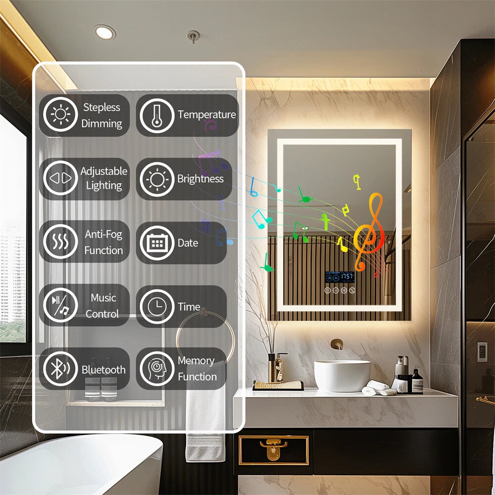 Anti-fog LED Lighted Bathroom Mirror with Bluetooth Speaker Front-lit Backlight