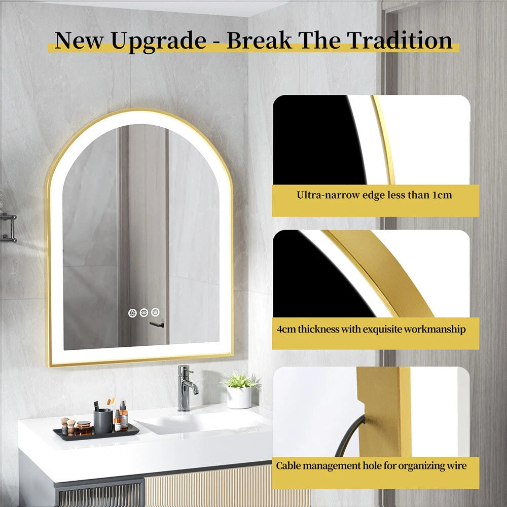 illuminated Gold LED Bathroom Mirror with Aluminum Framed for Vanity Dimmable HD
