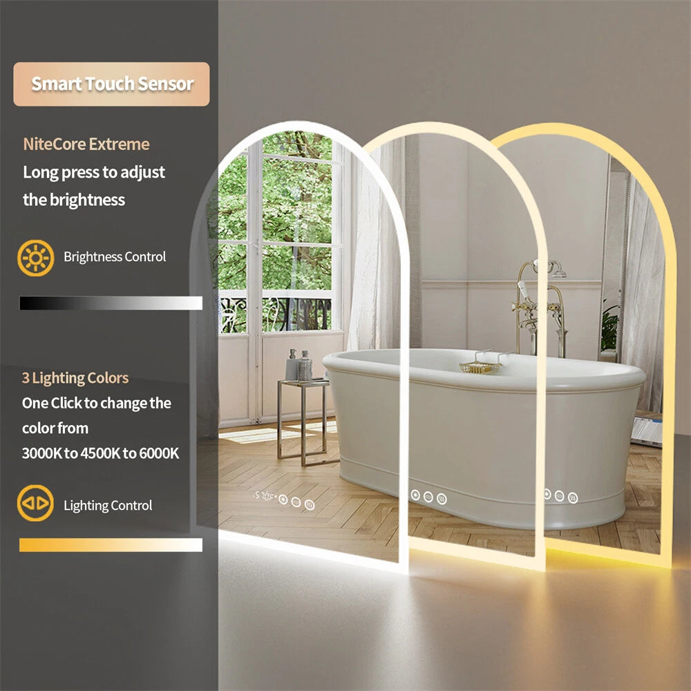 Backlit Bathroom Mirror Arched Wall Vanity Mirror 3 Color Lights Anti-fog Makeup