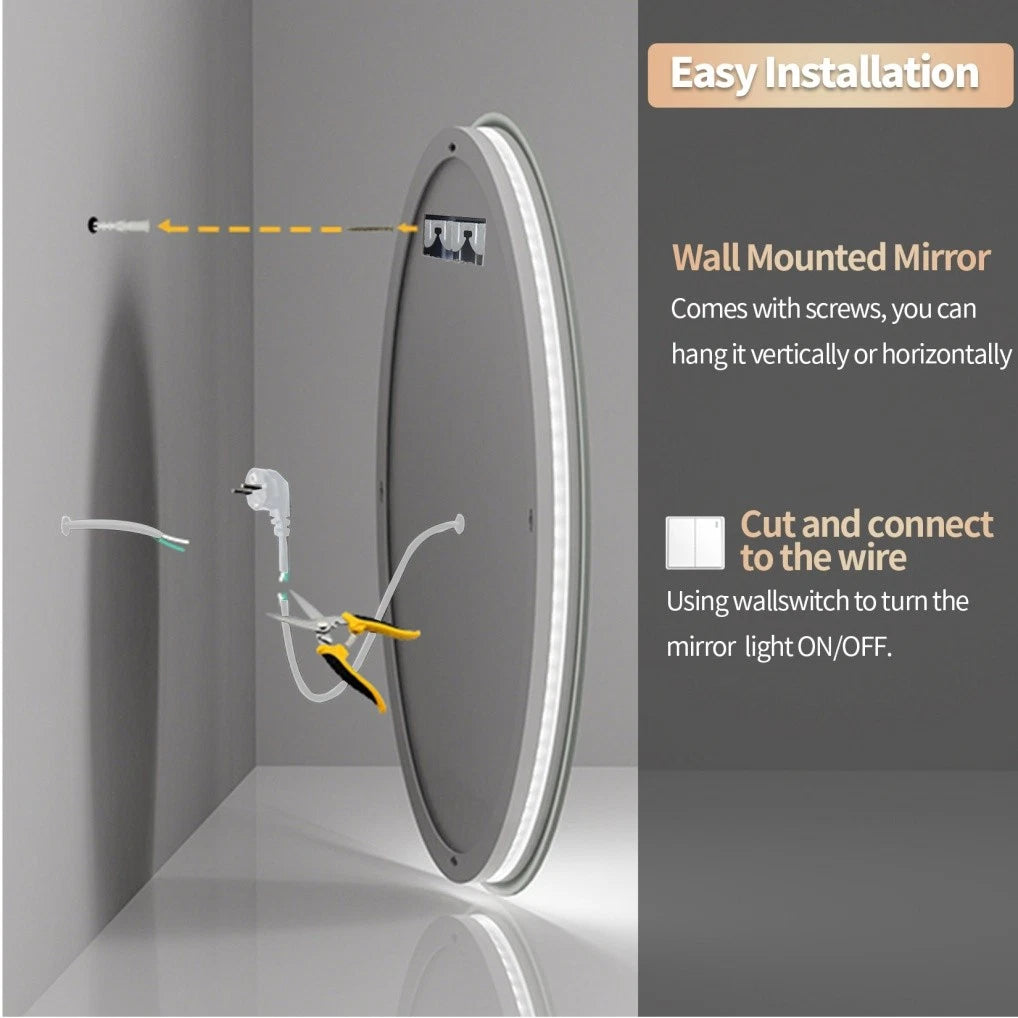 Illuminated Bathroom Wall Mirror Round LED Vanity Makeup Mirror Stepless Dimming
