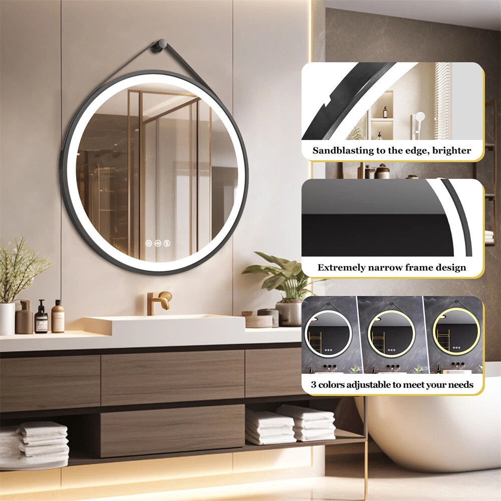 Round LED Bathroom Mirror Wall Hanging Dimmable Vanity Makeup Mirror with Strap