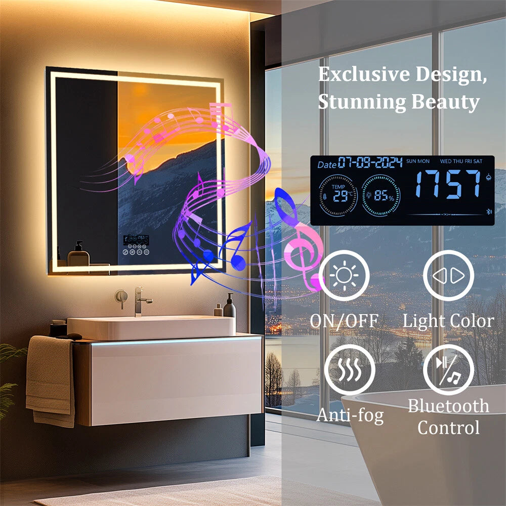 LED Bathroom Mirror Frontlit & Backlit Bluetooth Speaker Anti-Fog Dimmable 32"