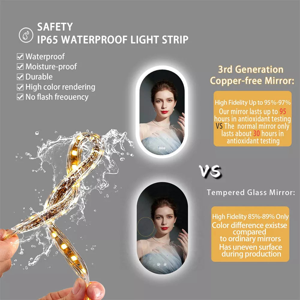Stepless Dimming Illuminated LED Bathroom Mirror Vanity Makeup Wall Mounted Oval