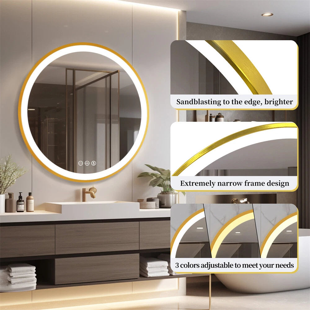 New Round LED Bathroom Mirror Gold Aluminum Frame Dimming Vanity Mirror Anti Fog