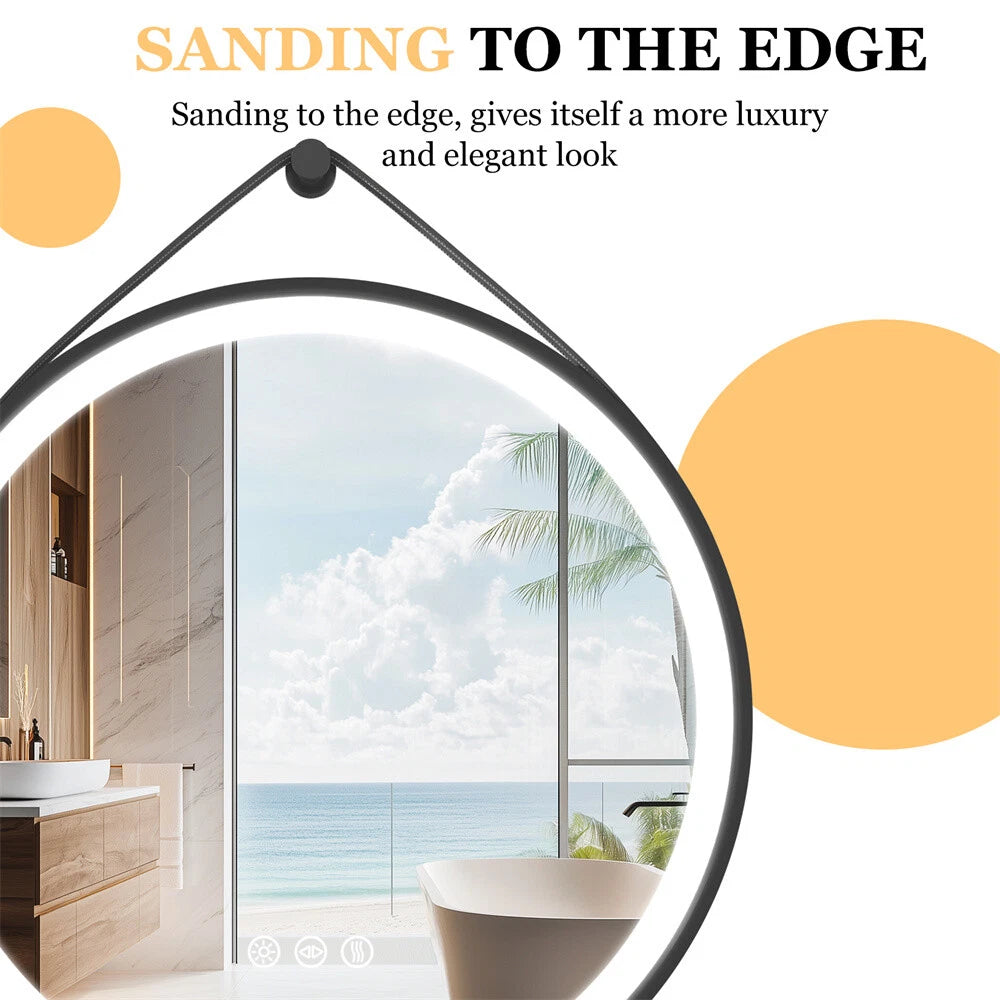 Round LED Bathroom Mirror Wall Hanging Dimmable Vanity Makeup Mirror with Strap