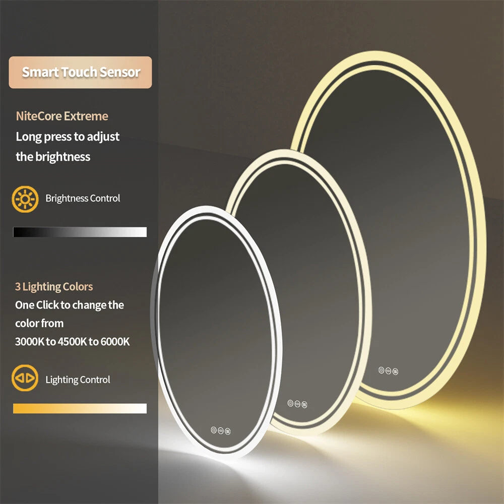 Large Oval LED Bathroom Vanity Mirror with 3 Color lights Dimmable Memory Smart