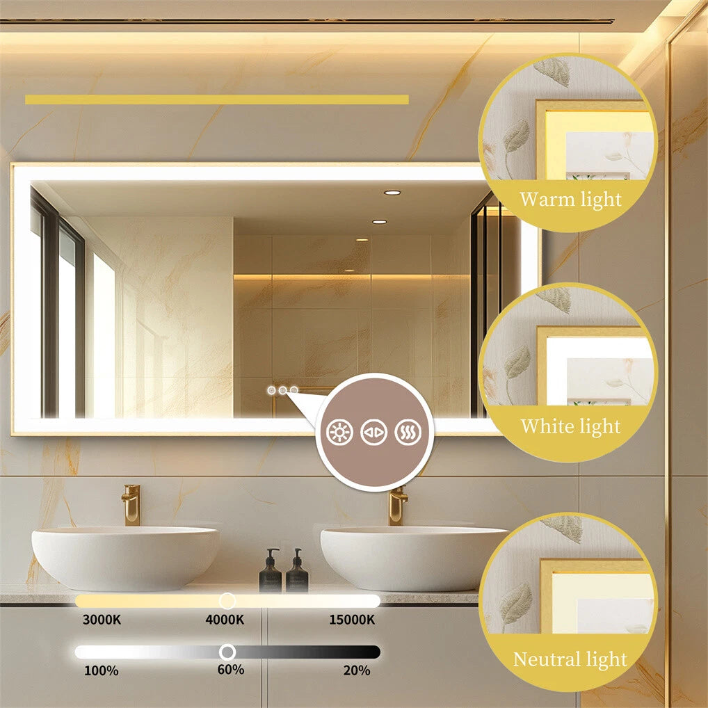 Large LED Bathroom Mirrors Front Light Gold Aluminum Framed Vanity Mirror