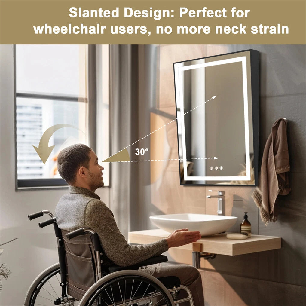 LED Bathroom Mirror with Fixed Tilt Vanity Mirror for Wheelchair Users 24x36inch