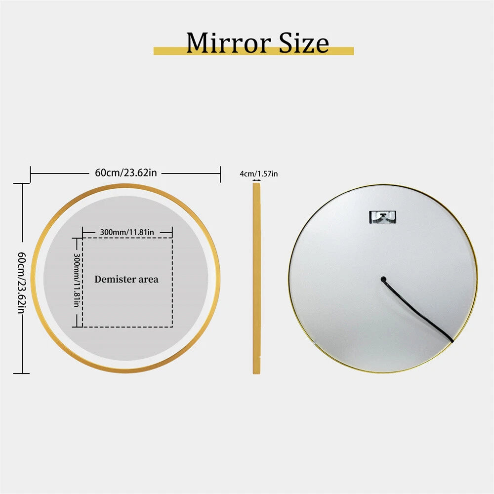 New Round LED Bathroom Mirror Gold Aluminum Frame Dimming Vanity Mirror Anti Fog
