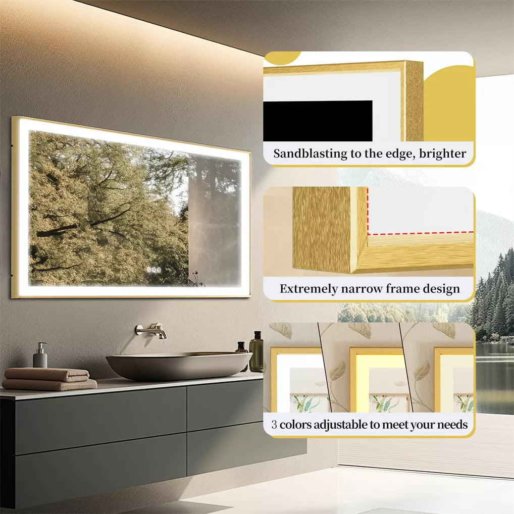 Large LED Bathroom Mirrors Front Light Gold Aluminum Framed Vanity Mirror