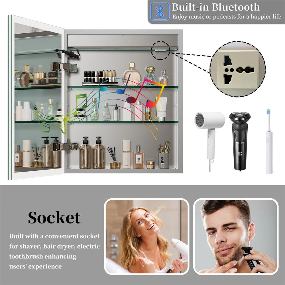 Bluetooth LED Medicine Cabinet with Light Dimmable Wall Mirror Cabinet Storage