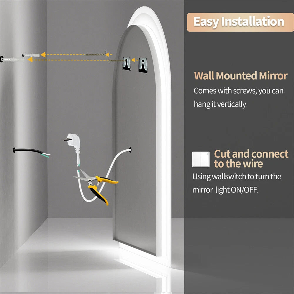 Backlit Bathroom Mirror Arched Wall Vanity Mirror 3 Color Lights Anti-fog Makeup