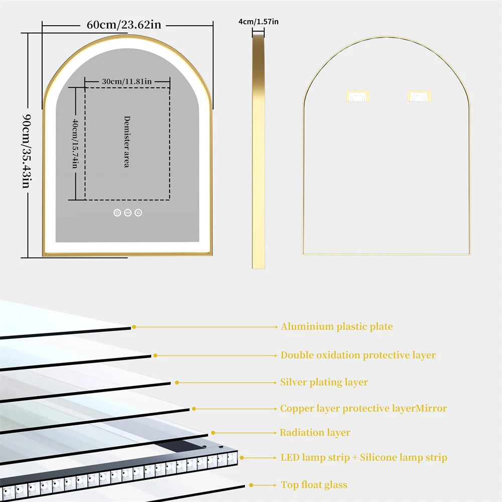 illuminated Gold LED Bathroom Mirror with Aluminum Framed for Vanity Dimmable HD