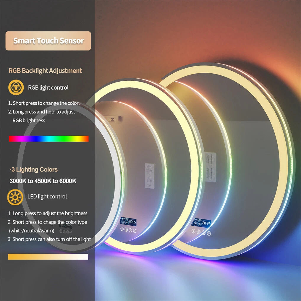 Bluetooth Led Bathroom Mirror w/ RGB Lights Date Time Temperature Makeup Mirror