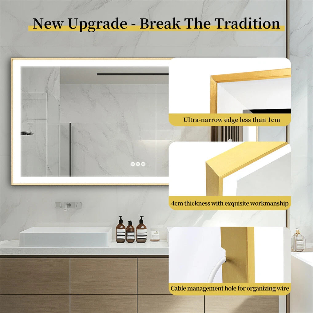 Large LED Bathroom Mirrors Front Light Gold Aluminum Framed Vanity Mirror