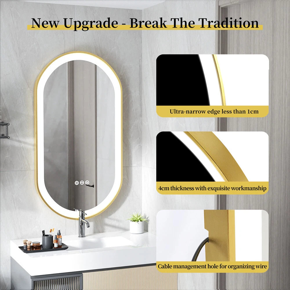 Gold LED Bathroom Mirror with Lights HD Makeup Vanity Mirrors Anti Fog Ul Listed