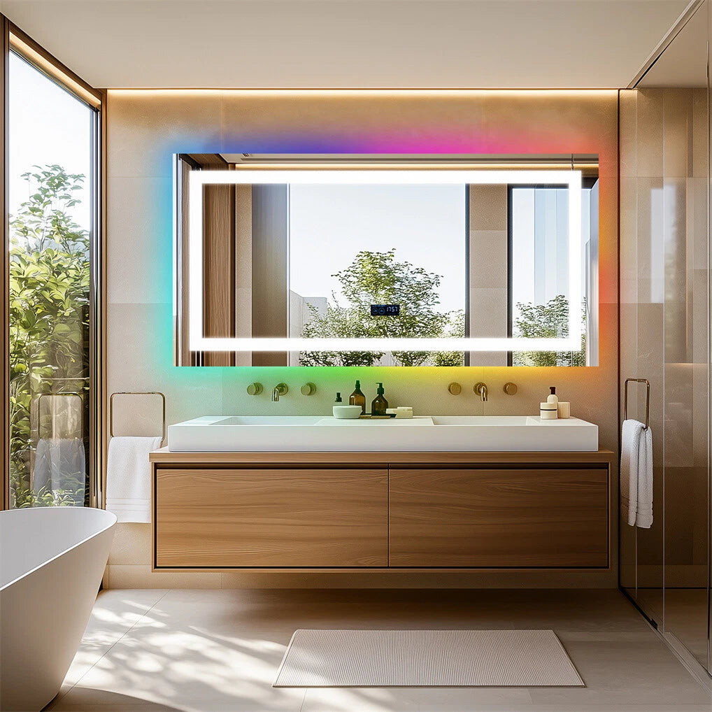 Large Bluetooth LED Bathroom Mirror with Lights+RGB Backlit Anti Fog Vanity Mirror