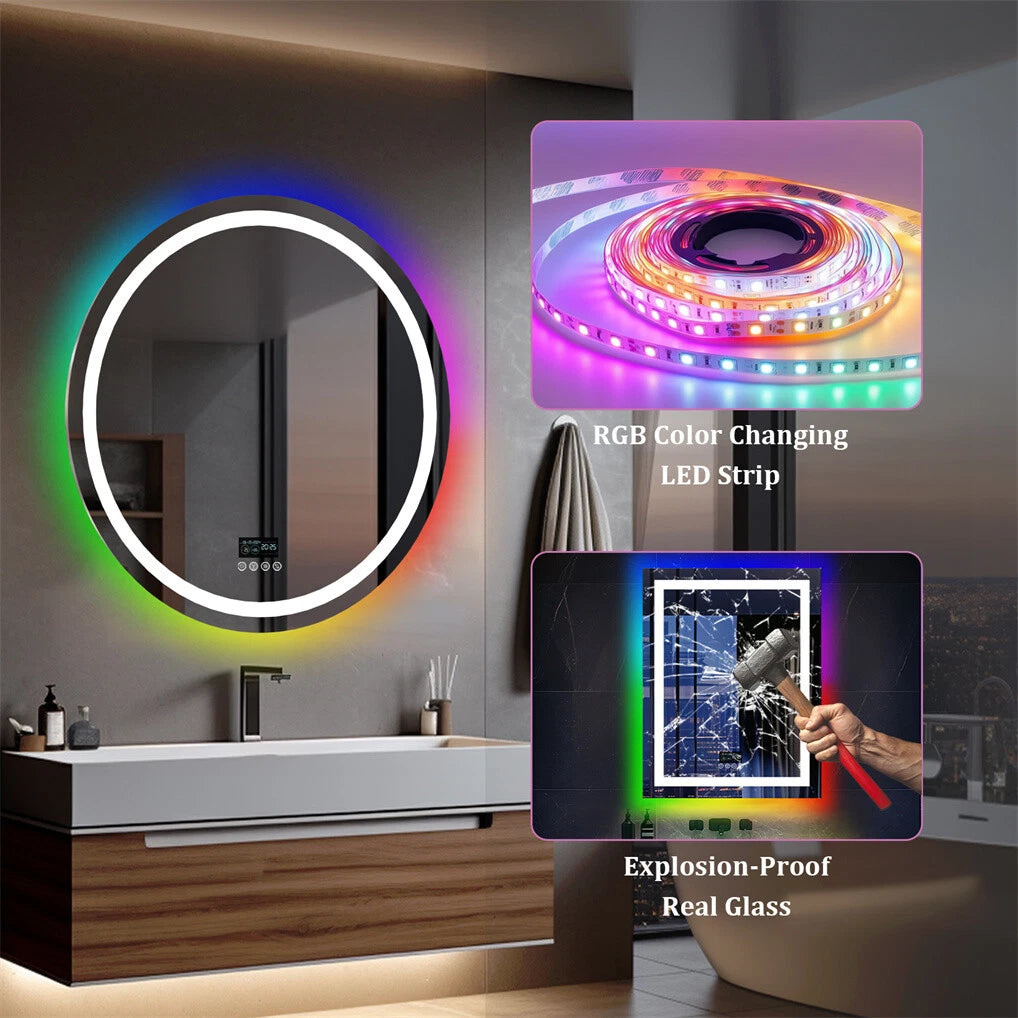 Bluetooth Led Bathroom Mirror w/ RGB Lights Date Time Temperature Makeup Mirror