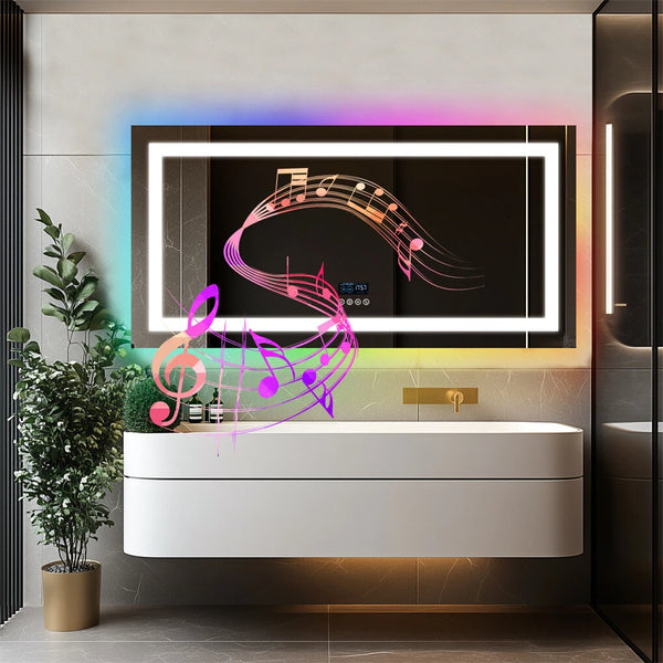 Large Bluetooth LED Bathroom Mirror with Lights+RGB Backlit Anti Fog Vanity Mirror
