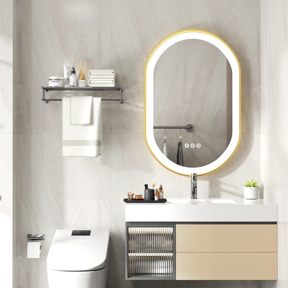 Gold LED Bathroom Mirror with Lights HD Makeup Vanity Mirrors Anti Fog Ul Listed