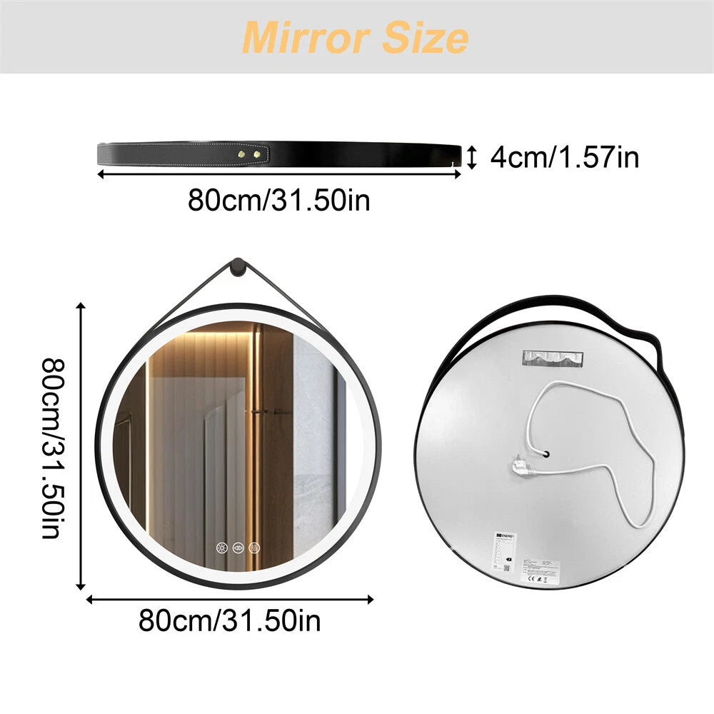 Round LED Bathroom Mirror Wall Hanging Dimmable Vanity Makeup Mirror with Strap