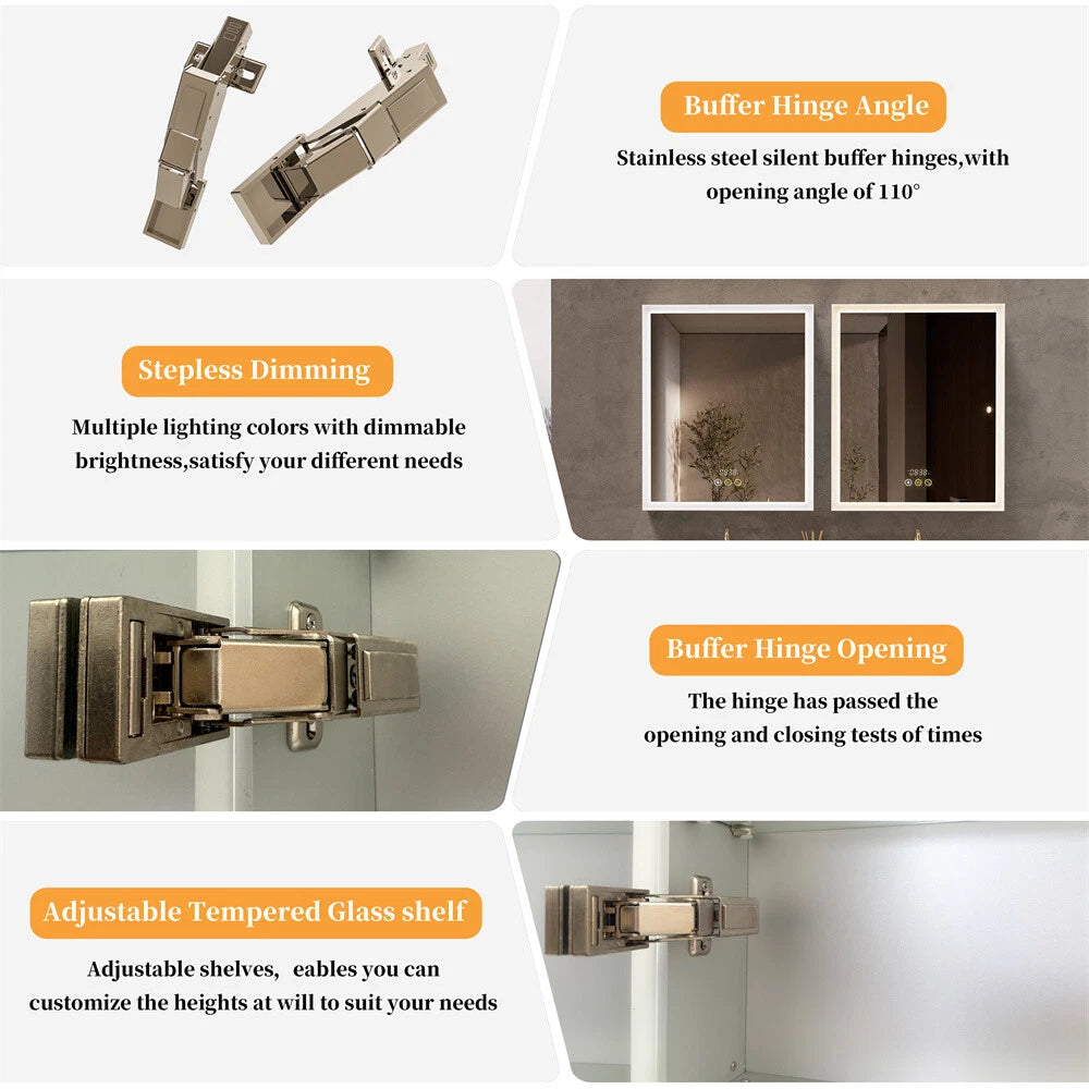 Bluetooth LED Medicine Cabinet with Light Dimmable Wall Mirror Cabinet Storage