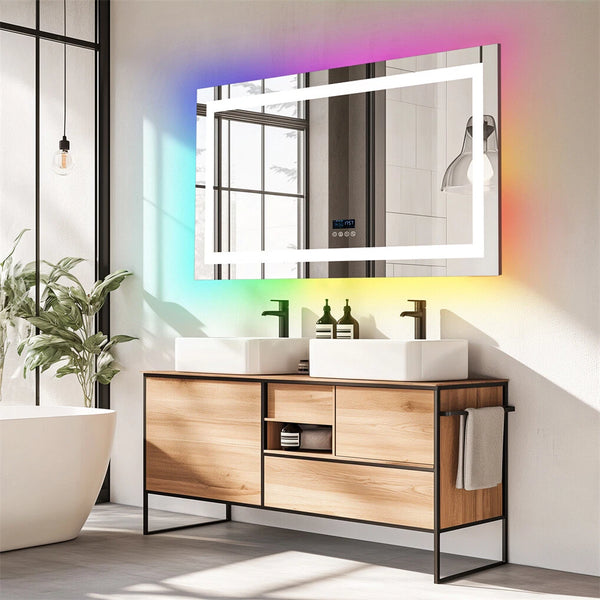 Large Bluetooth LED Bathroom Mirror with Lights+RGB Backlit Anti Fog Vanity Mirror