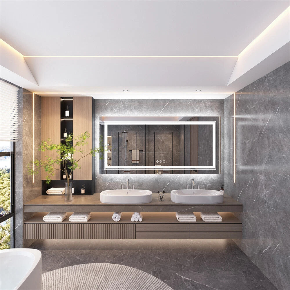 Bathroom Mirror with Front+Backlit Lights Dimmable Wall Vanity Mirrors Anti-Fog