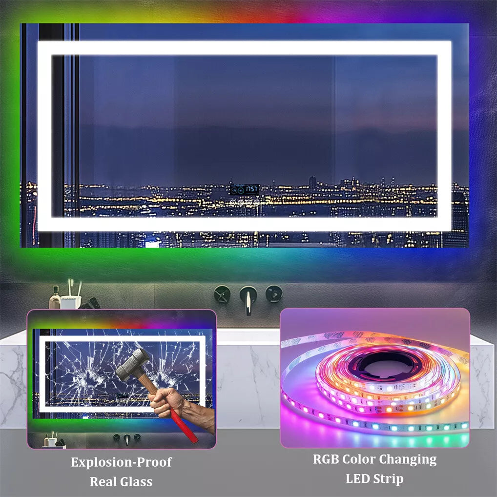 Large Bluetooth LED Bathroom Mirror with Lights+RGB Backlit Anti Fog Vanity Mirror