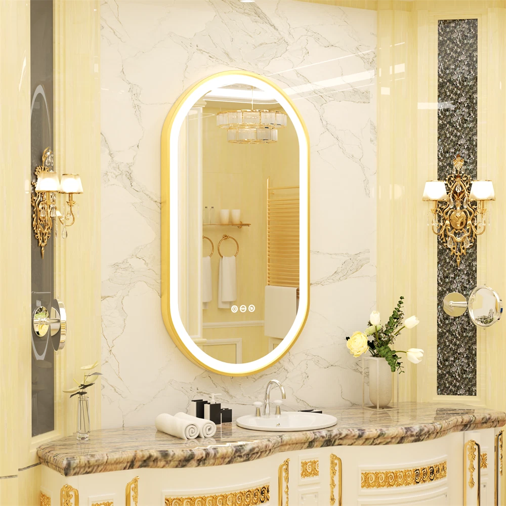 Gold LED Bathroom Mirror with Lights HD Makeup Vanity Mirrors Anti Fog Ul Listed