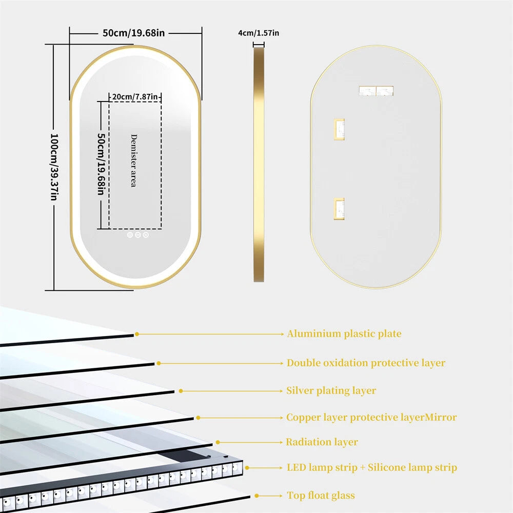 Gold LED Bathroom Mirror with Lights HD Makeup Vanity Mirrors Anti Fog Ul Listed