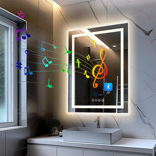 Anti-fog LED Lighted Bathroom Mirror with Bluetooth Speaker Front-lit Backlight