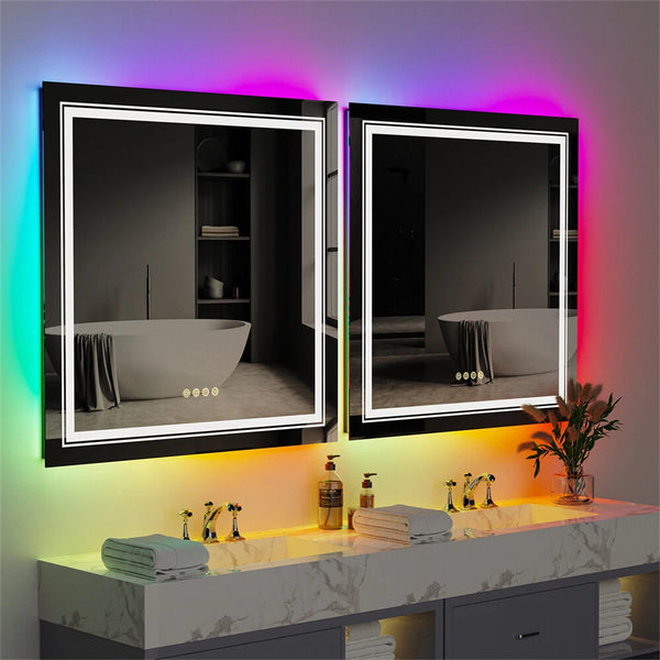 Square Bathroom HD Vanity Mirror RGB Multicolor Backlit+Adjustable Front-Lighted