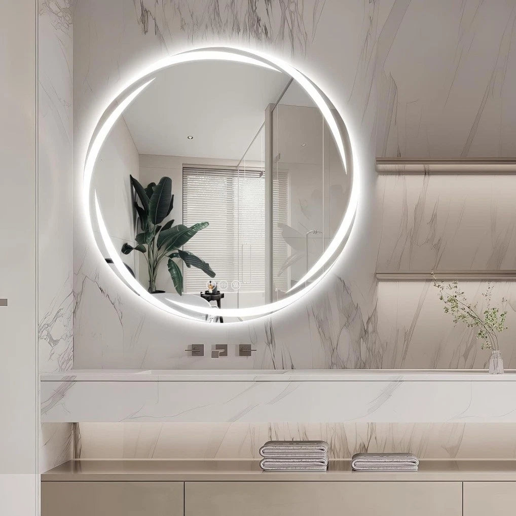 Illuminated Bathroom Wall Mirror Round LED Vanity Makeup Mirror Stepless Dimming