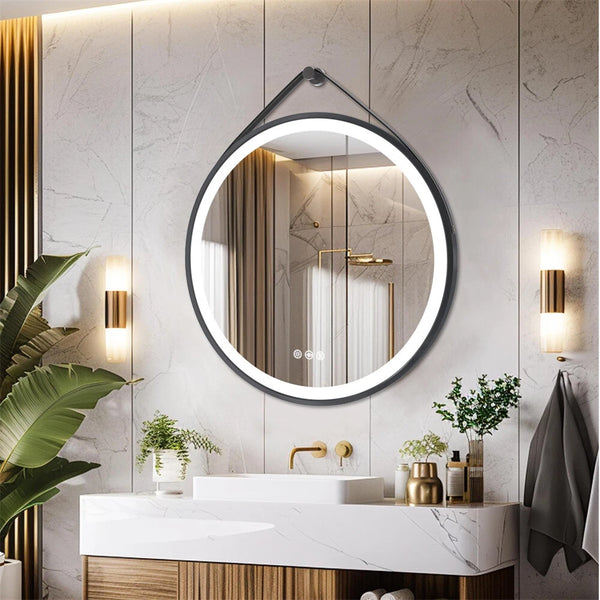 Round LED Bathroom Mirror Wall Hanging Dimmable Vanity Makeup Mirror with Strap