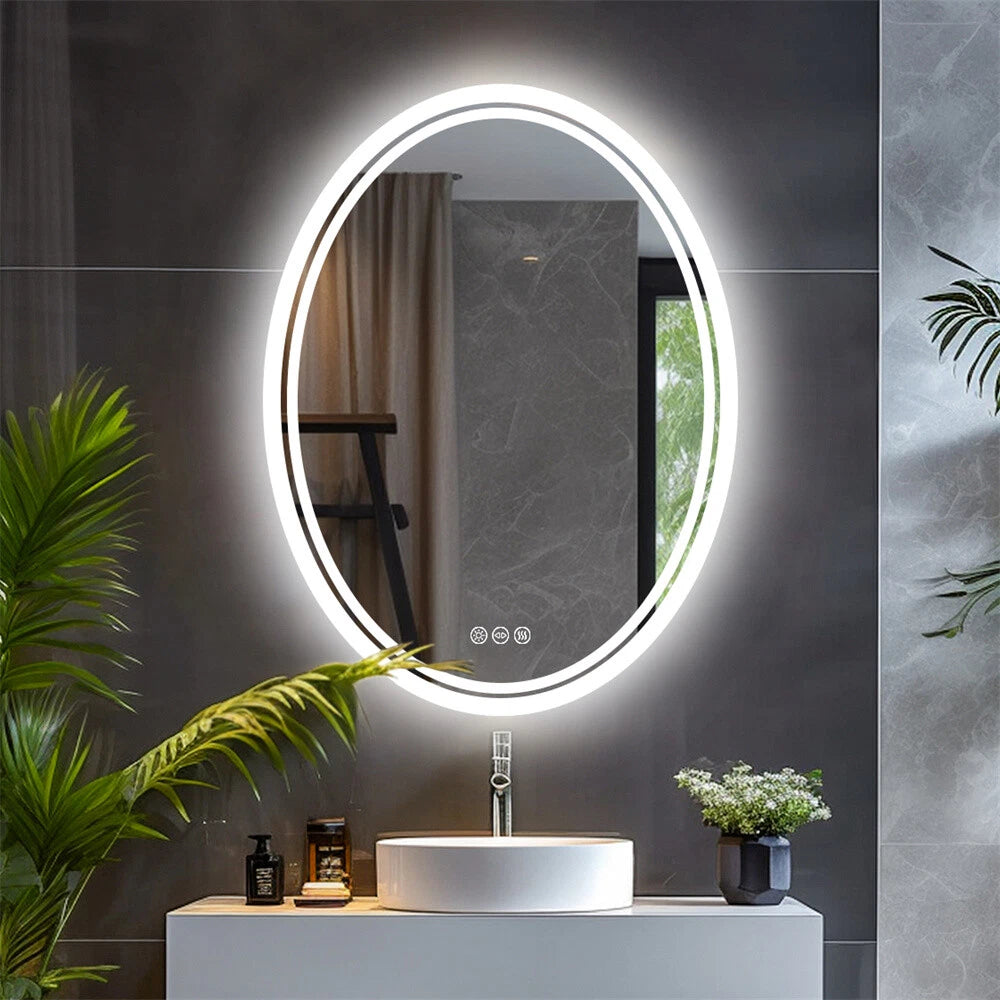 Large Oval LED Bathroom Vanity Mirror with 3 Color lights Dimmable Memory Smart