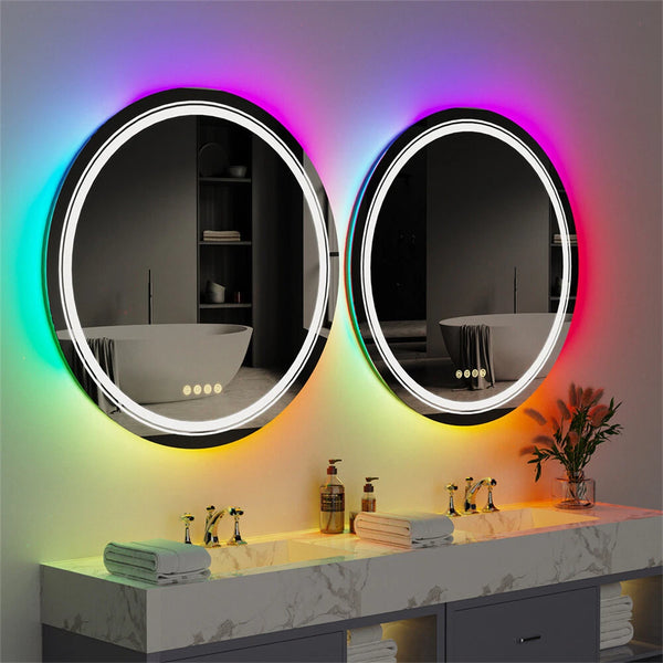 Round Bathroom HD Vanity Mirror RGB Multicolor Backlit+Adjustable Front-Lighted