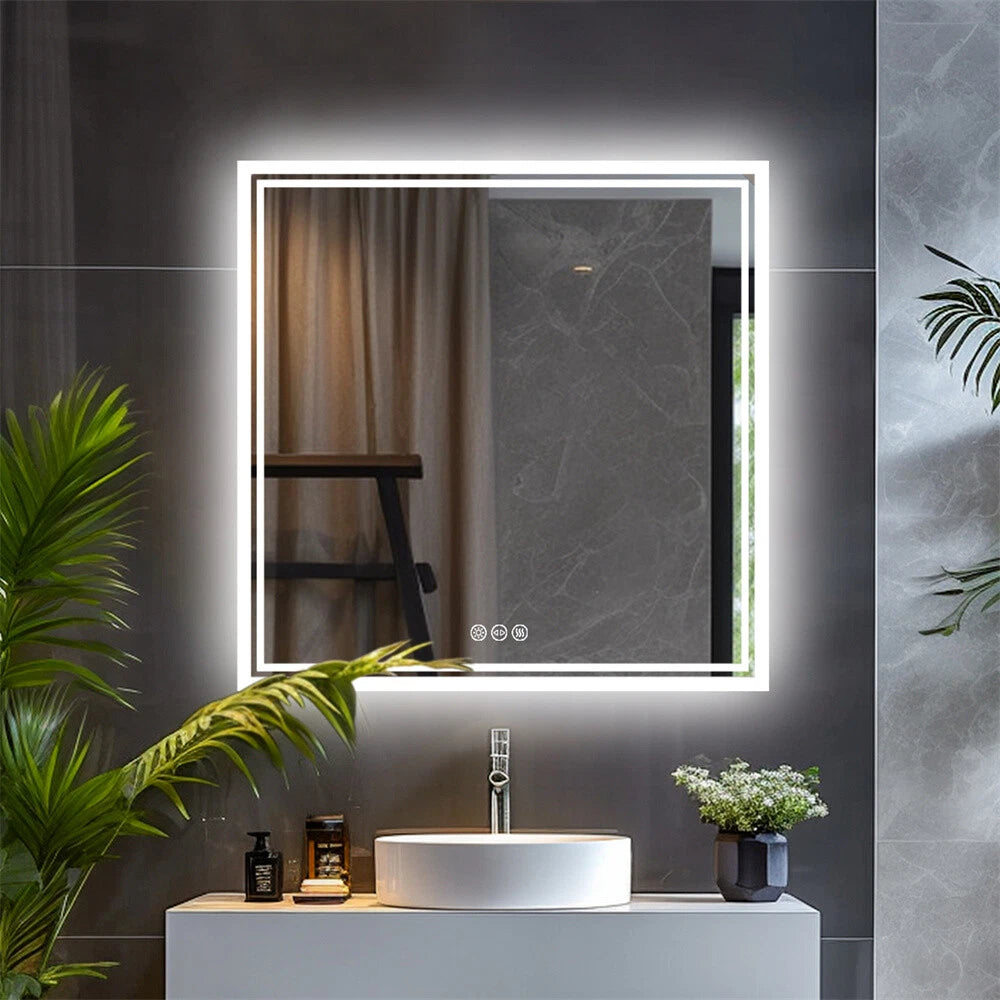 LED Bathroom Mirror Square HD Vanity Makeup Dimmable Anti-Fog Front Lit Backlit