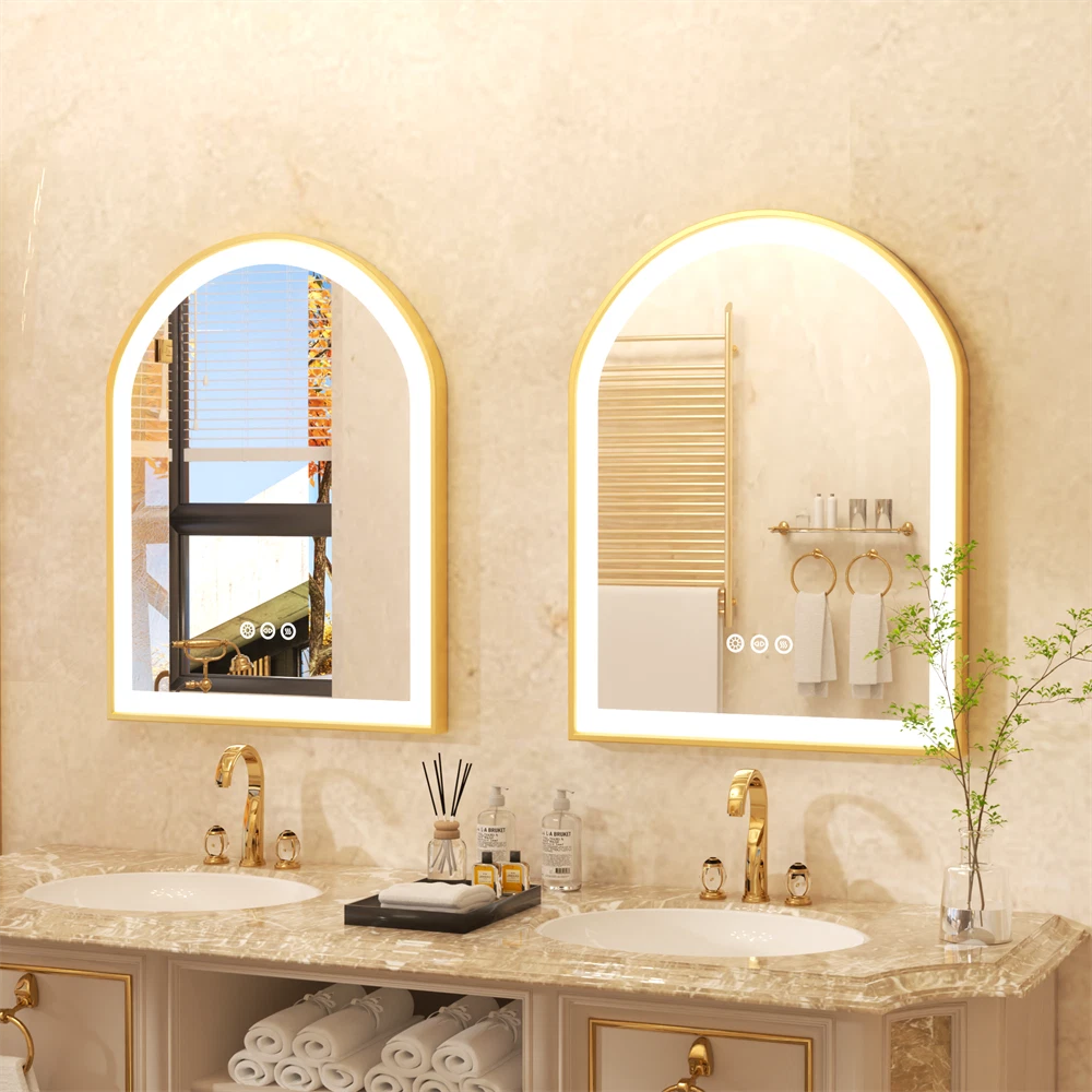 illuminated Gold LED Bathroom Mirror with Aluminum Framed for Vanity Dimmable HD