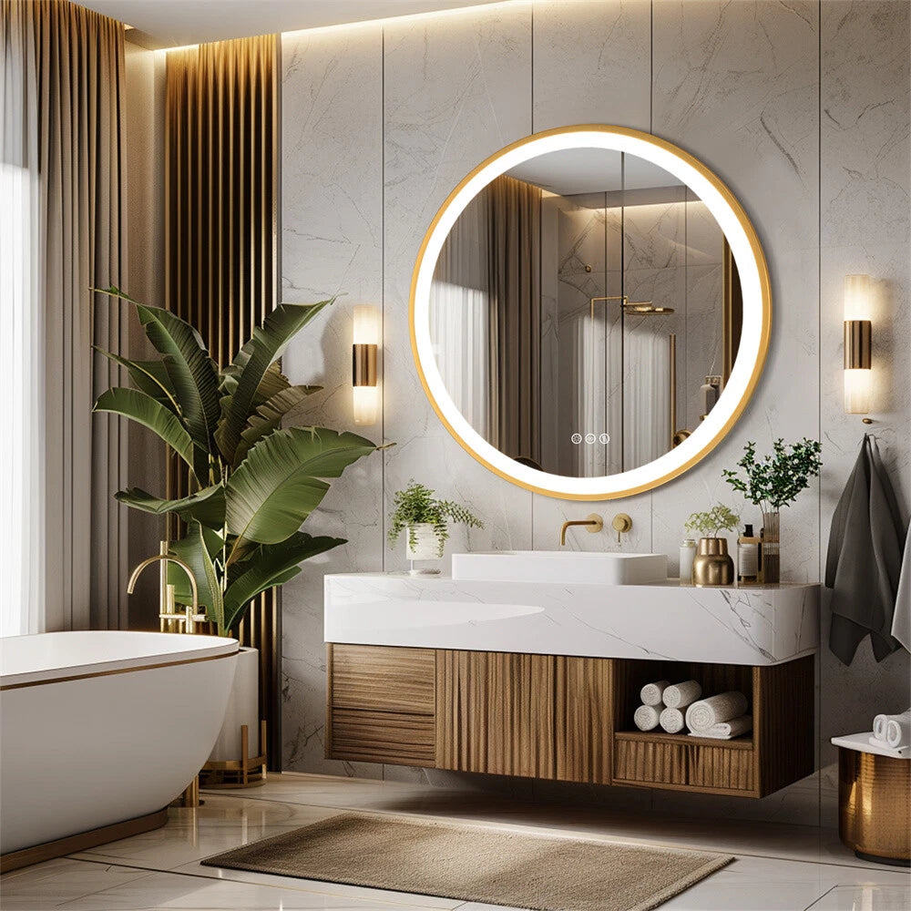 New Round LED Bathroom Mirror Gold Aluminum Frame Dimming Vanity Mirror Anti Fog