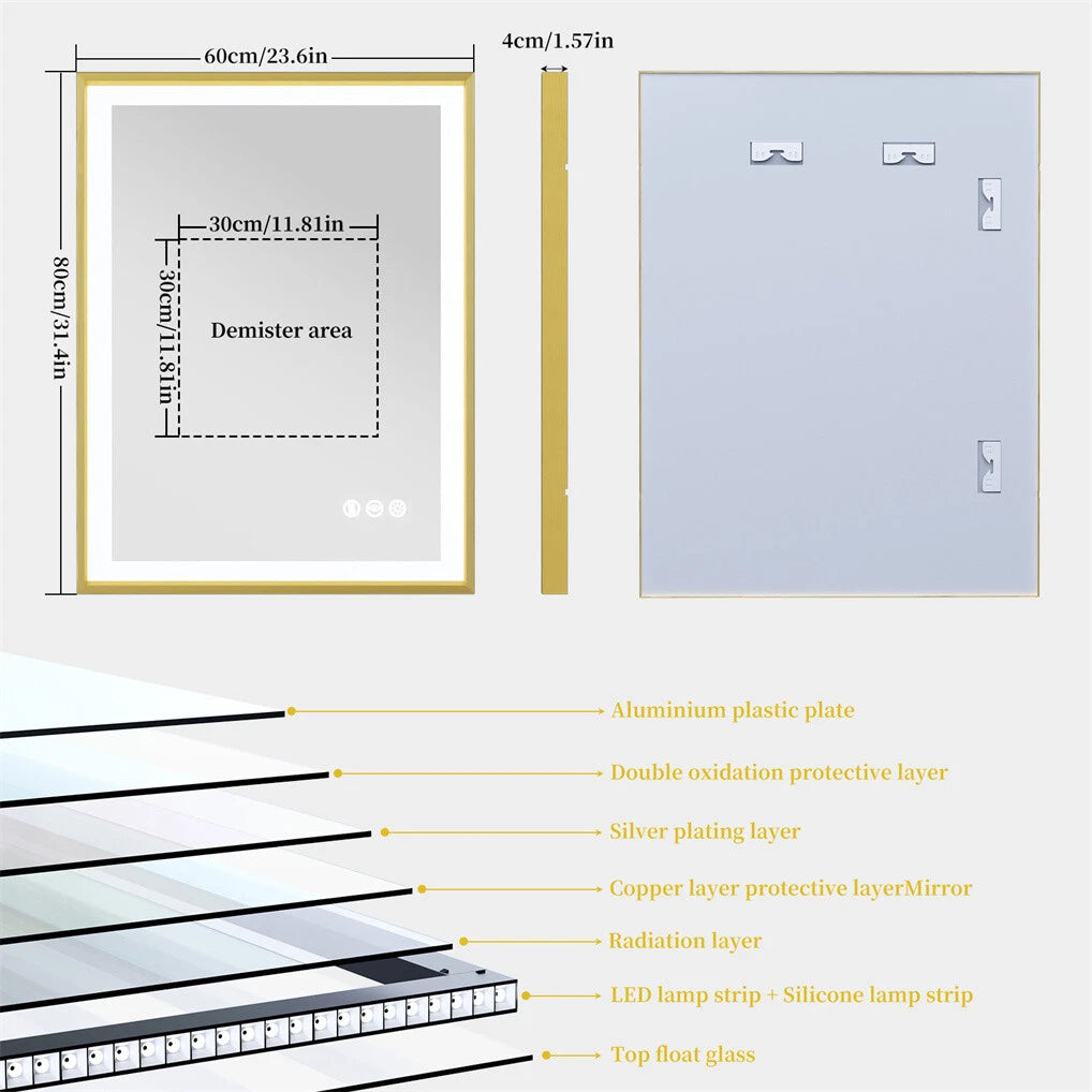 Large LED Bathroom Mirrors Front Light Gold Aluminum Framed Vanity Mirror