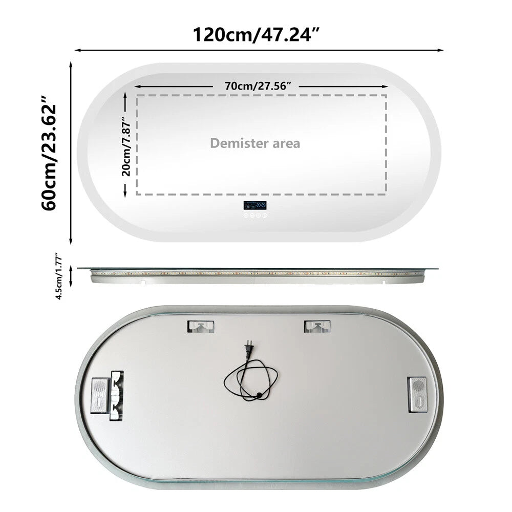 Large Bluetooth LED Bathroom Mirror Wall Vanity Mirror Dimmable Anti-fog Touch