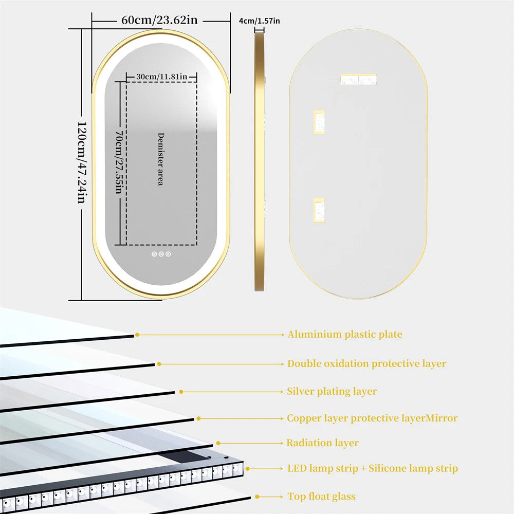 Gold LED Bathroom Mirror with Lights HD Makeup Vanity Mirrors Anti Fog Ul Listed