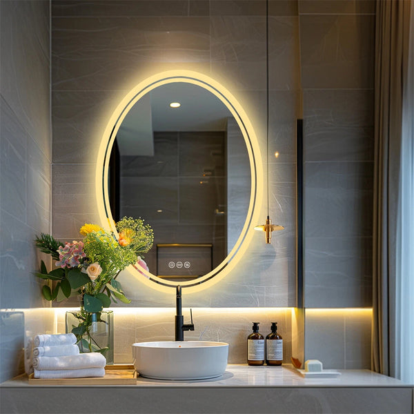 Large Oval LED Bathroom Vanity Mirror with 3 Color lights Dimmable Memory Smart