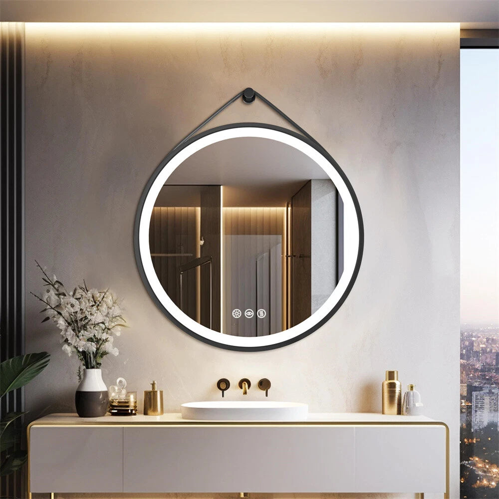 Round LED Bathroom Mirror Wall Hanging Dimmable Vanity Makeup Mirror with Strap