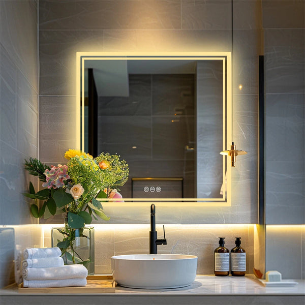 LED Bathroom Mirror Square HD Vanity Makeup Dimmable Anti-Fog Front Lit Backlit