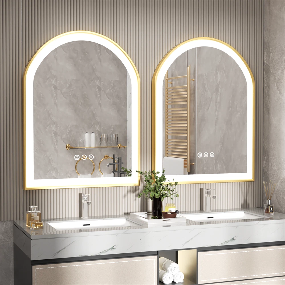 illuminated Gold LED Bathroom Mirror with Aluminum Framed for Vanity Dimmable HD