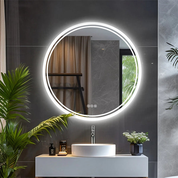24in Round Lighted Mirror LED Bathroom Vanity Wall Mounted Mirror Touch Anti-Fog