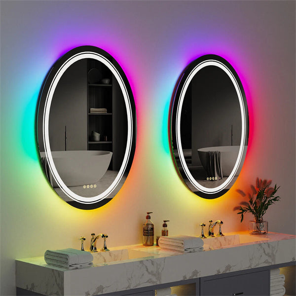 Oval Bathroom HD Vanity Mirror RGB Multicolor Backlit+Adjustable Front-Lighted